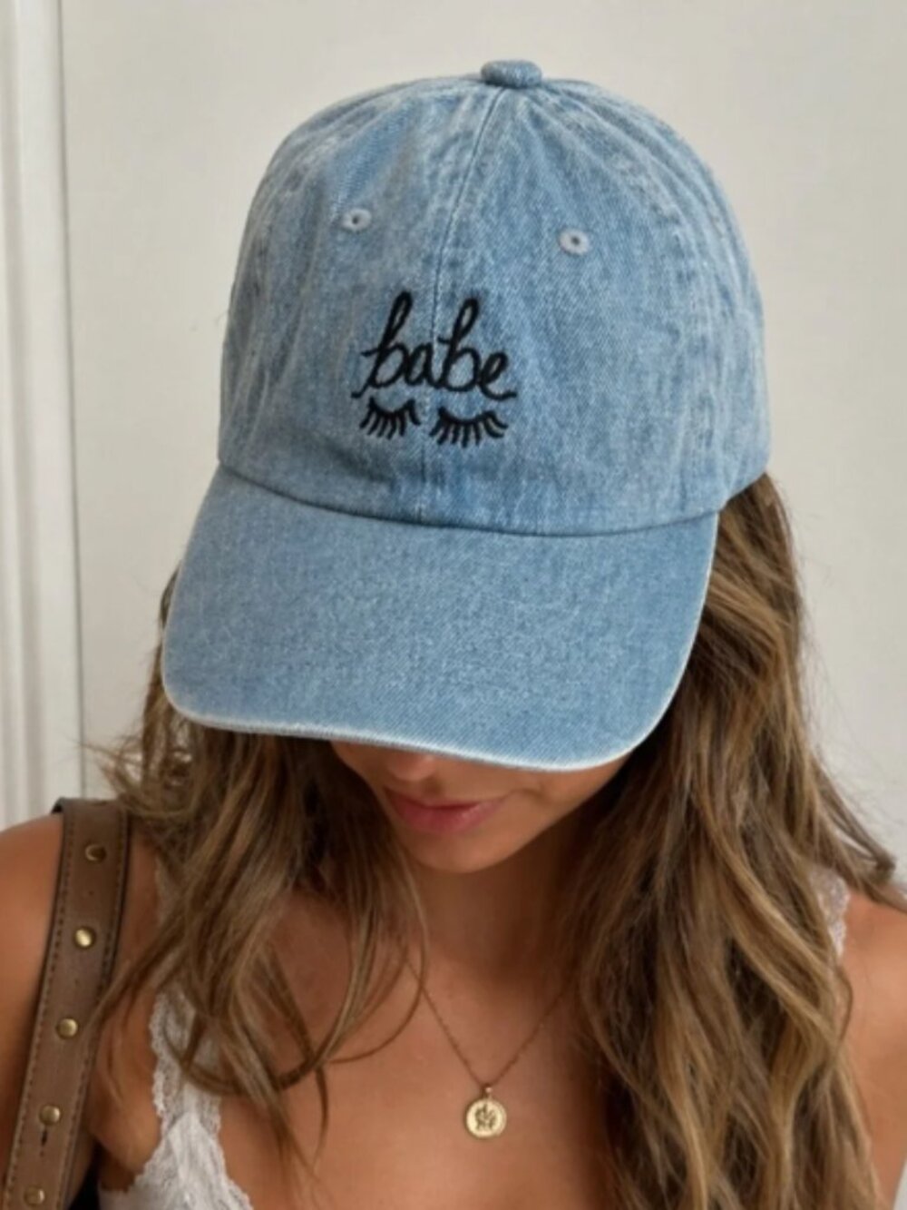 Babe Eyelashes Slideback Denim Hat Blue OSFA Cotton Embroidered Newhattan - Picture 8 of 8